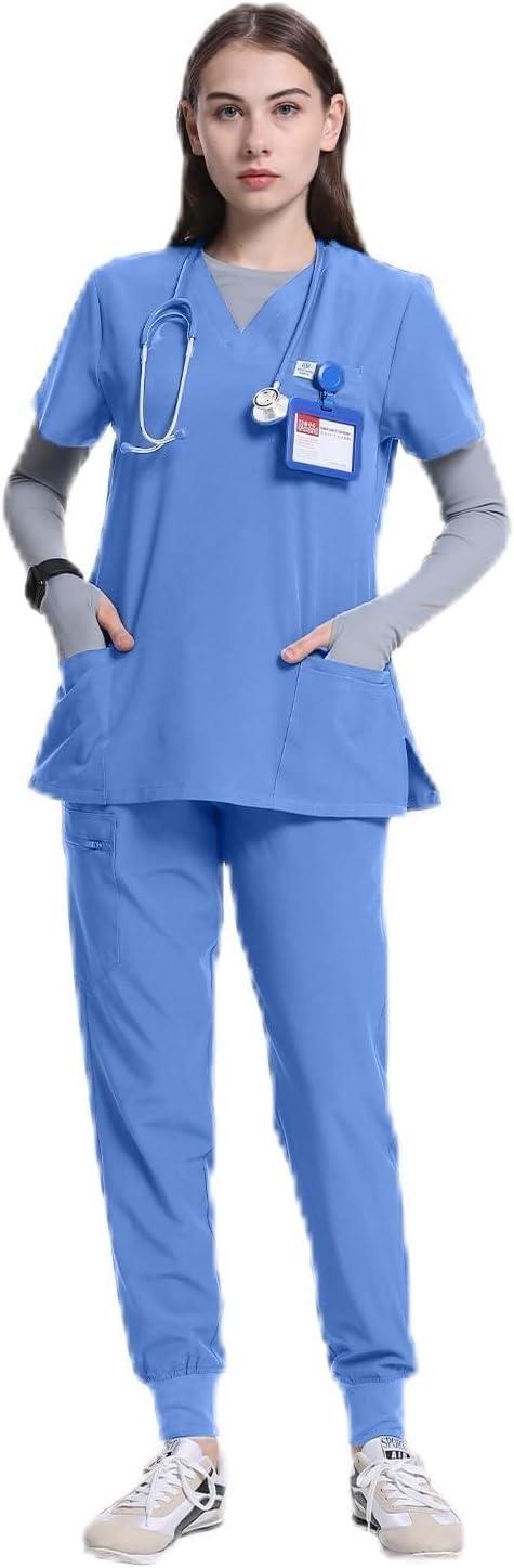 Professional Women's Scrubs Set with 8 Pockets and Yoga Waistband