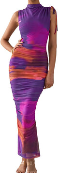 Women's Summer Maxi Floral Ruched Mesh Dress - Flattering Fit