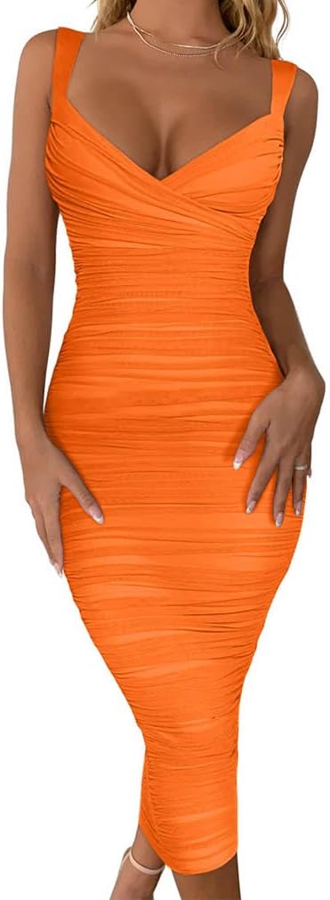 BEAGIMEG Women's Sexy Bodycon Sleeveless Ruched Mesh Midi Dress