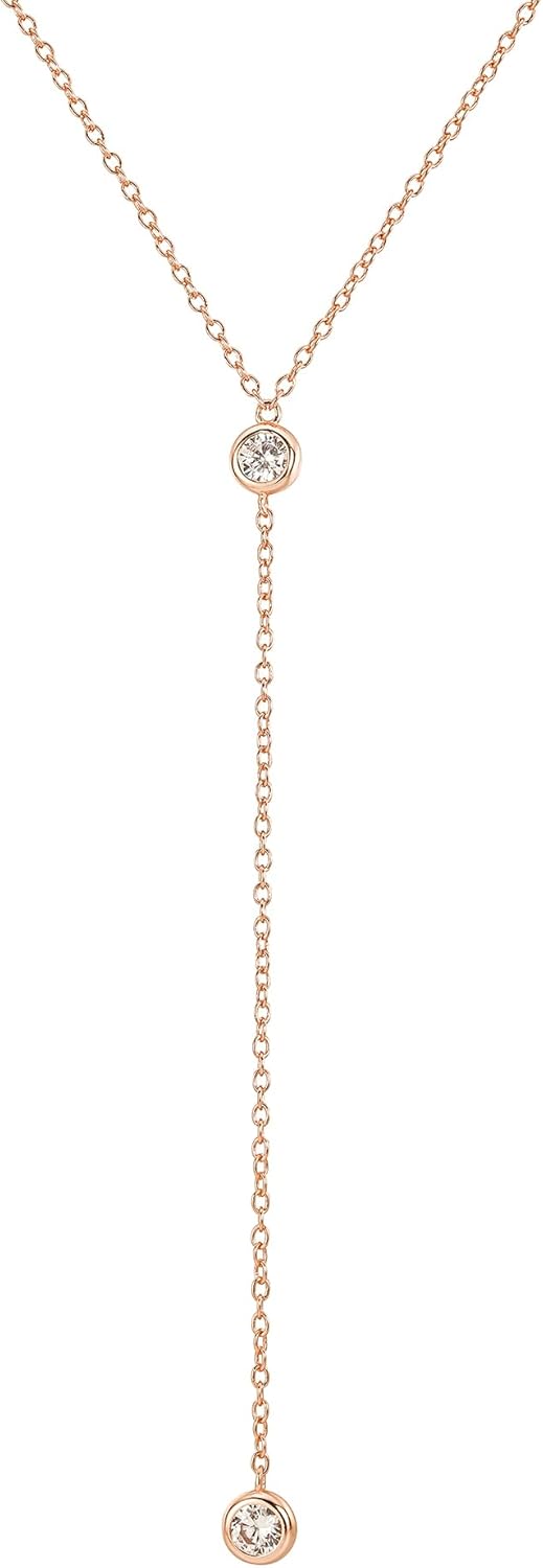14k Rose Gold Vermeil Lariat Necklace with Dazzling CZ Diamonds