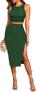Pink Queen Womens Ribbed Tank Top and Midi Skirt Set - Sleek Summer