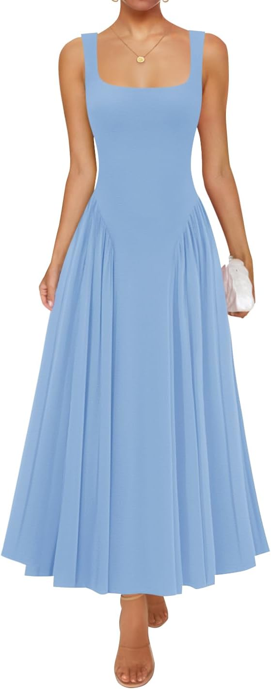 ZESICA Womens Summer Sleeveless Square Neck Sundress Maxi Dress