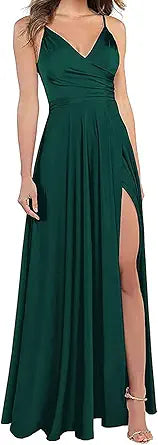 RYANTH Long Bridesmaid Dresses for Women Satin Spaghetti Strap