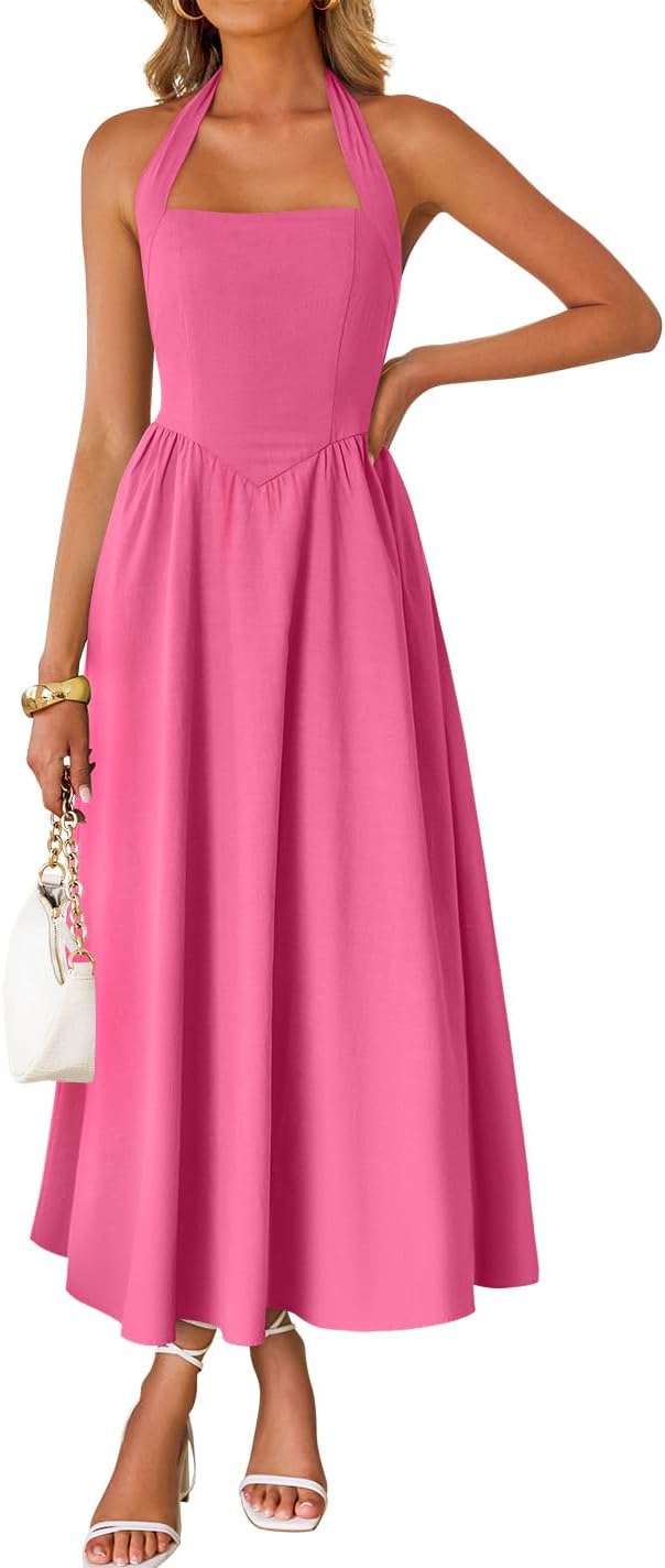 ZESICA Women's Summer Sleeveless Halter Midi Dress for Style