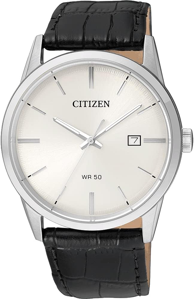 Citizen Quartz Mens Watch: Sleek Stainless Steel, Black Leather Strap