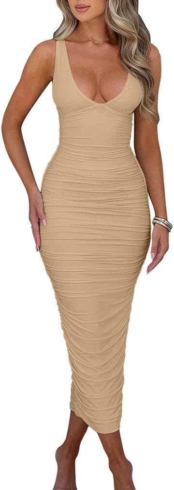 BEAGIMEG Women's Sexy Ruched Sleeveless Deep V Maxi Dress