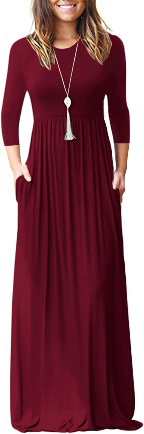 WNEEDU Women's 3/4 Sleeve Casual Maxi Dresses with Pockets