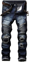 AITITIA Men's Biker Zipper Deco Washed Straight Fit Jeans - Moto Style