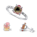 Raw Watermelon Tourmaline Stone Stud Earrings and Dainty Ring Set