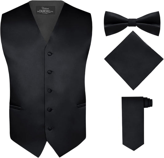 Men's 4 Piece Vest Set with Bow Tie, Neck Tie & Pocket Hankie