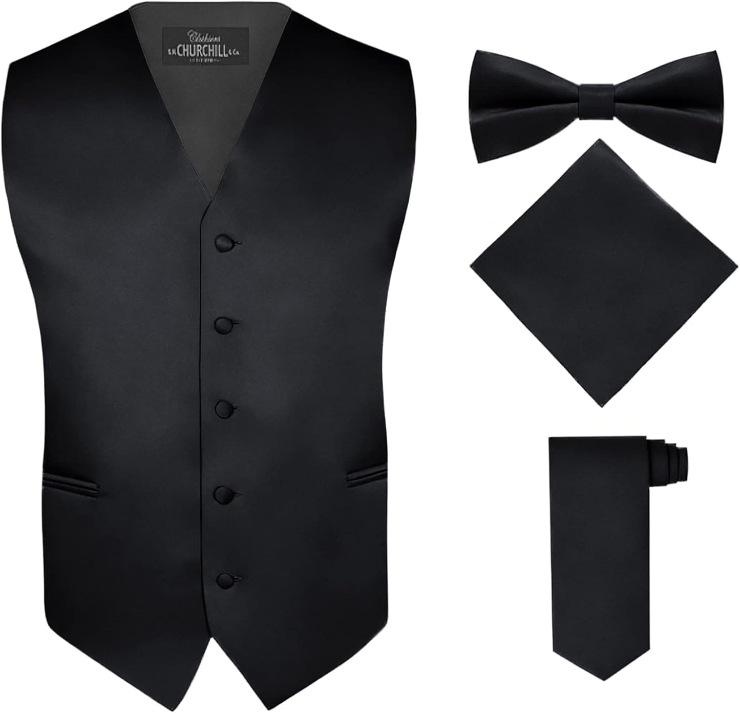 Men's 4 Piece Vest Set with Bow Tie, Neck Tie & Pocket Hankie