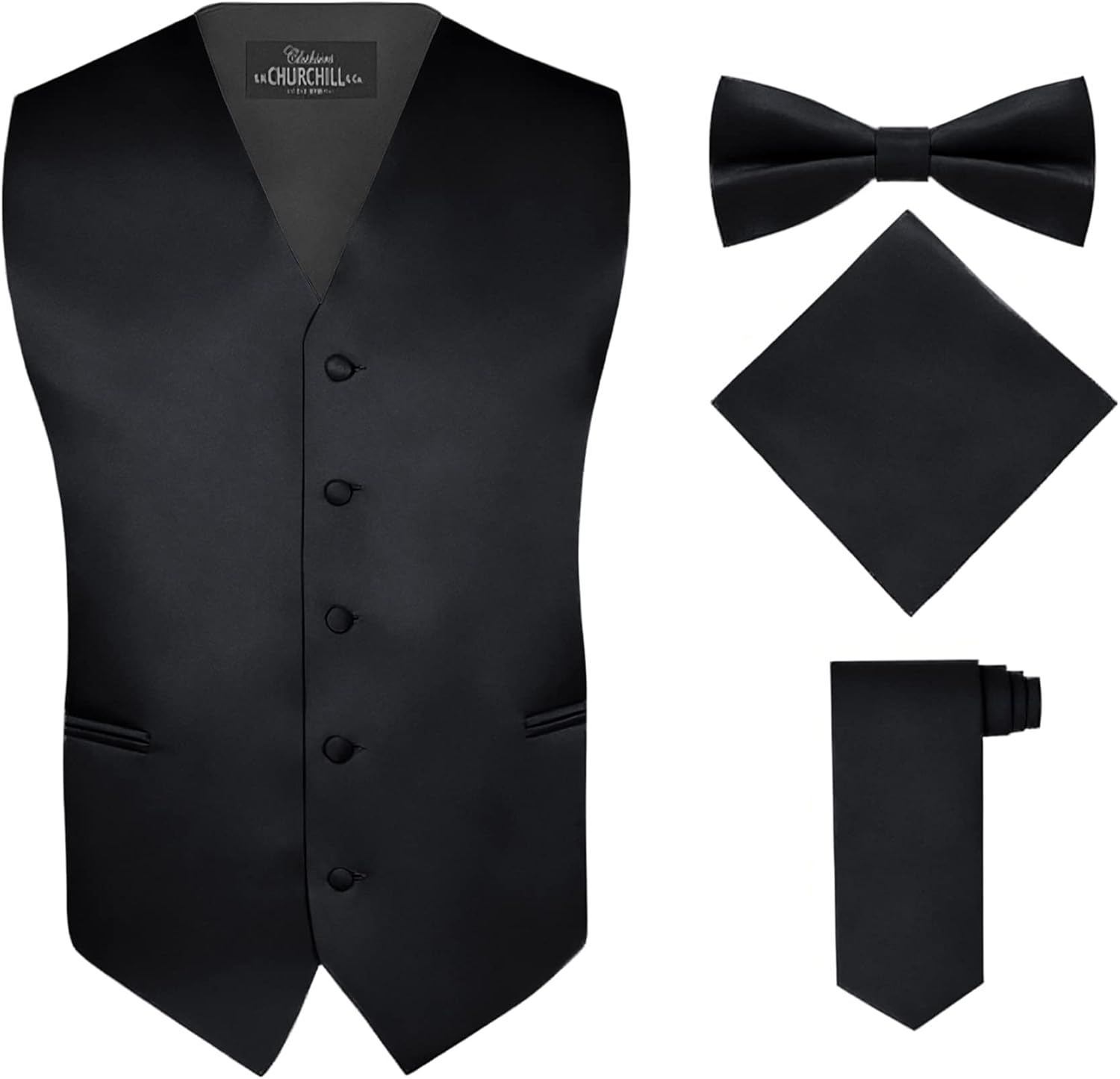 Men's 4 Piece Vest Set with Bow Tie, Neck Tie & Pocket Hankie