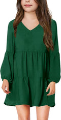 Girls Casual Tunic Dress V Neck Lantern Sleeve - Versatile Swing Dress