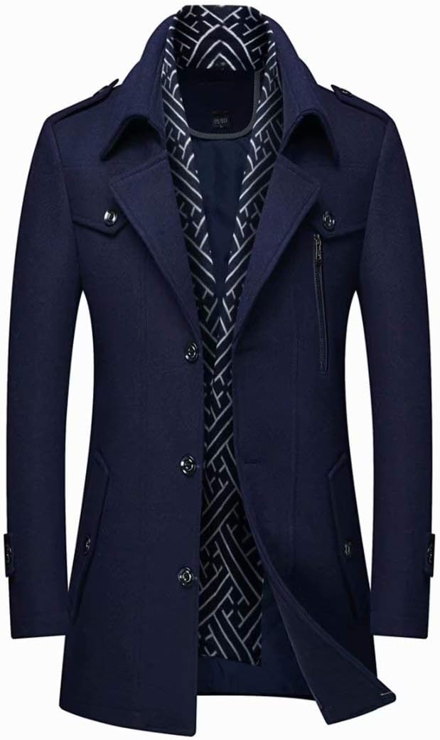 INVACHI Men's Wool Blend Coat with Detachable Scarf for Winter