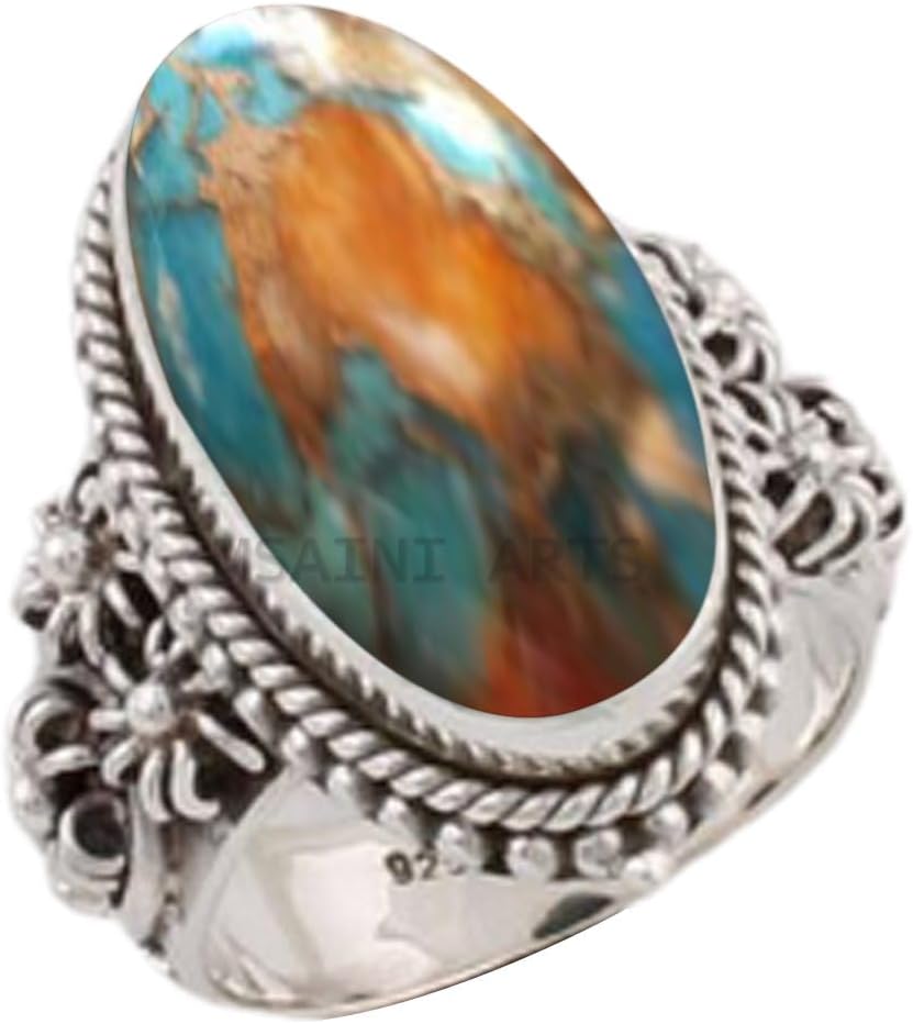 Solid 925 Sterling Silver Ring with Natural Blue Copper Turquoise