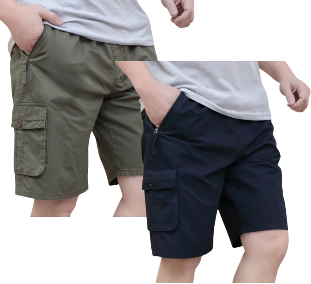 Men's Casual Twill Cargo Shorts with Elastic Waist and Pockets