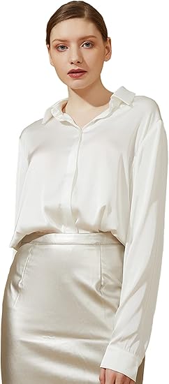 Escalier Women's Silk Blouse Long Sleeve Satin Button Down Top