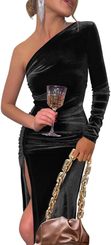 YMDUCH Women's Sexy Elegant One Shoulder Velvet Party Dress