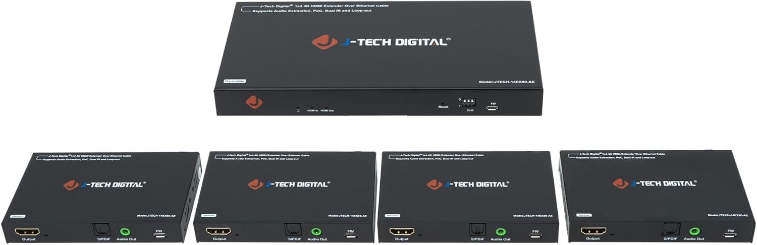 J-Tech Digital HDMI Extender Splitter 4K 60Hz for 4 Displays
