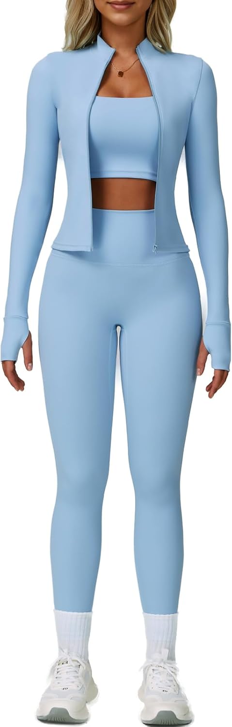 Womens 3 Piece Workout Set with Sports Bra, Leggings & Jacket