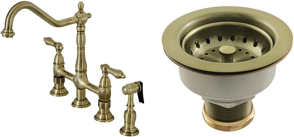 Antique Brass 8 Kitchen Bridge Faucet with Basket Strainer