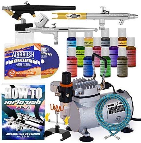 Ultimate Cake Decorating Kit - 3 Airbrushes, Compressor, 12 Colors