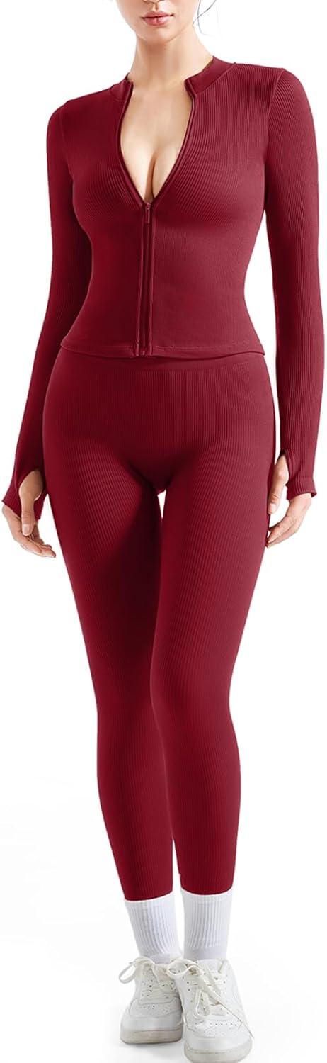 SUUKSESS Women 2 Piece Seamless Ribbed Workout Sets for Fitness