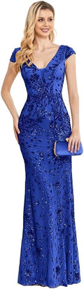 Womens Sequined Long Evening Gown in Royal Blue - Mermaid Fit