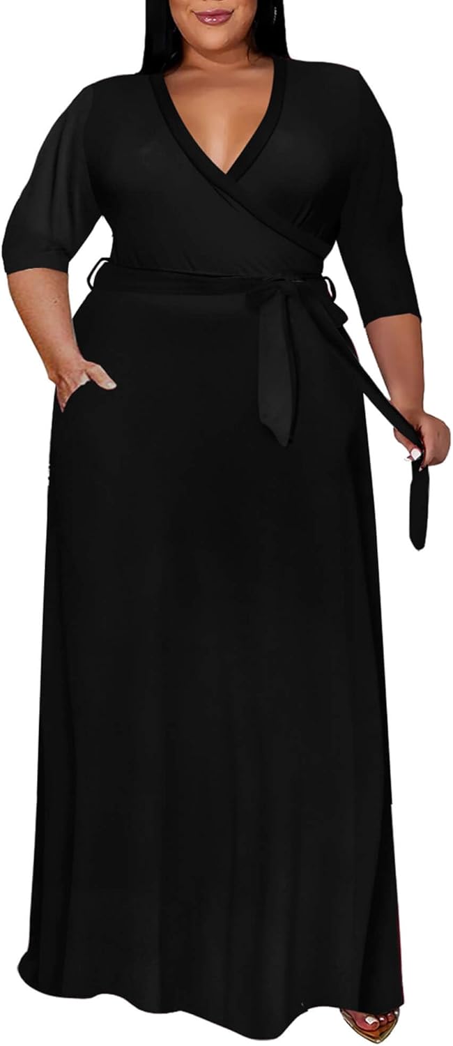Runwind Plus Size Dress for Women - Elegant V Neck Maxi Style