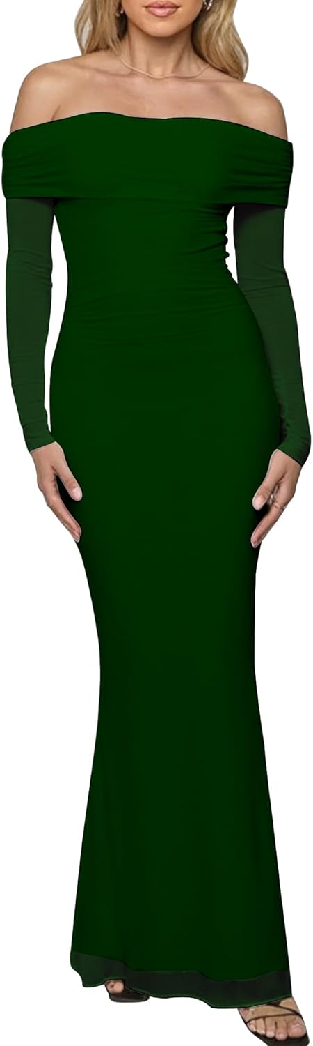 Elegant Off The Shoulder Bodycon Long Sleeve Maxi Dress