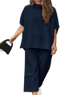 Plus Size Women's 2 Piece Lounge Set - Batwing Capelet Top & Wide Leg