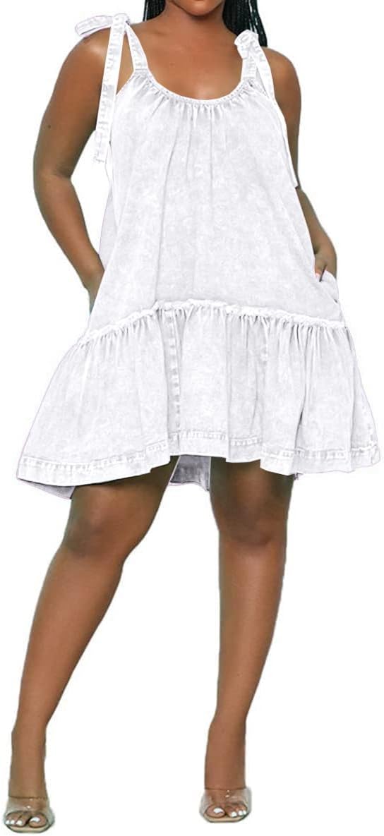 Women Denim Cami Dress with Tie Shoulder and Ruffle Hem