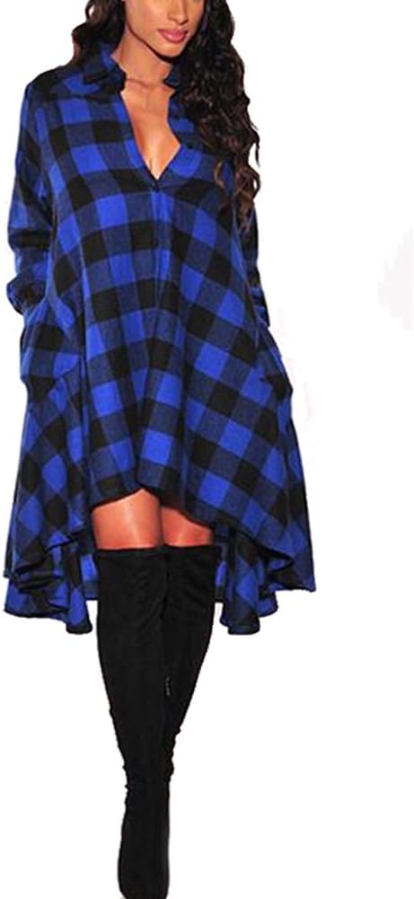 Olrain Womens Plaids V Neck Long Sleeve Casual Shirt Dress