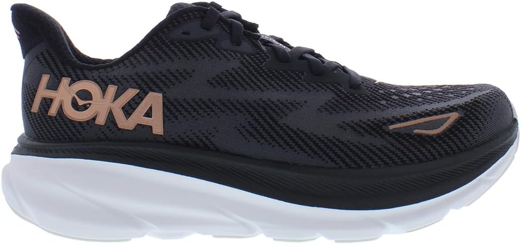 Hoka womens Clifton 9 Shoes in Black/Rose Gold for Comfort