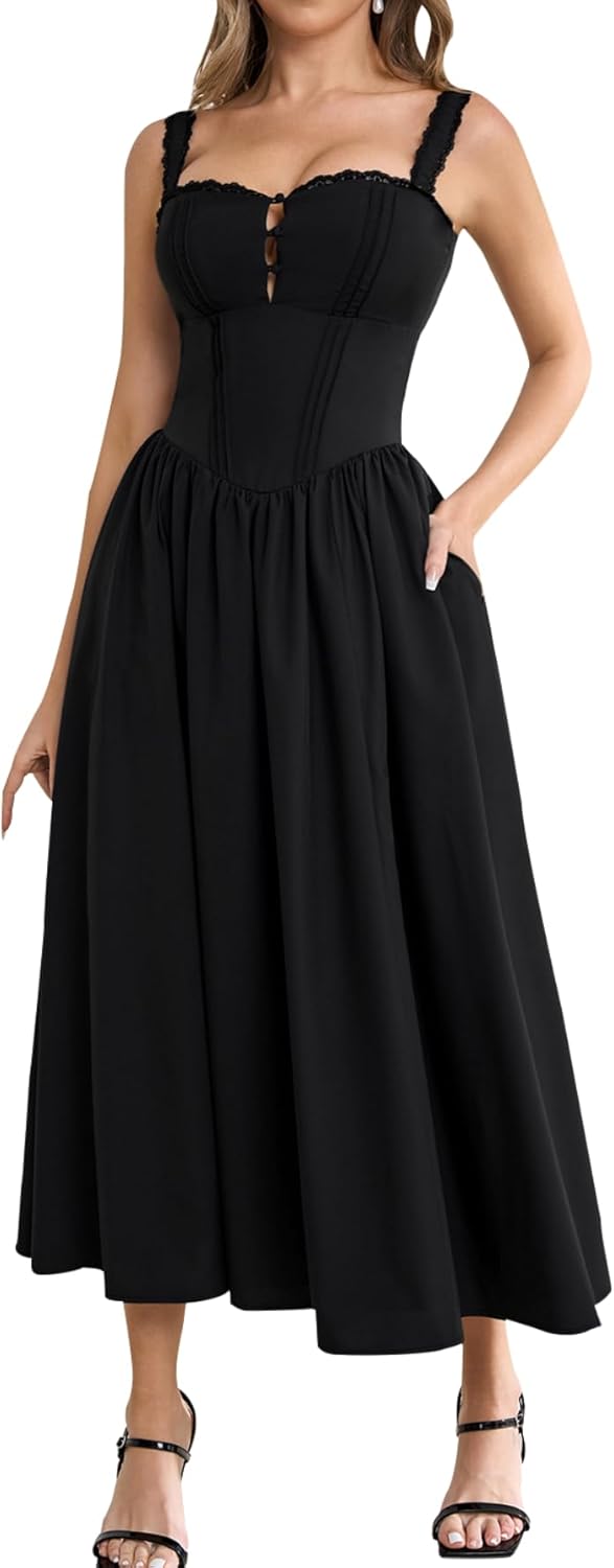 KUTUMAI Women Summer Lace Square Neck Midi Dress with Pockets