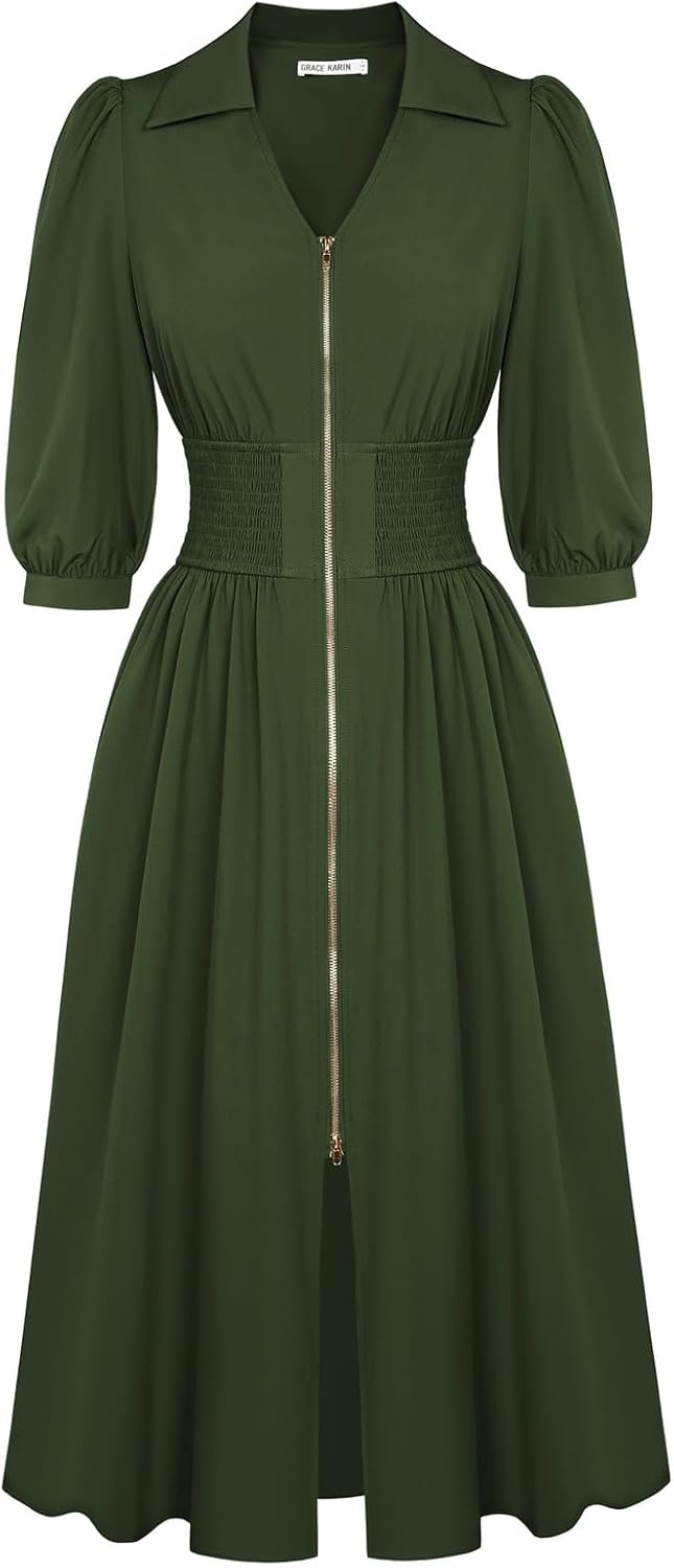 GRACE KARIN Fall Midi Dress: Elegant A Line Smocked Work Dress