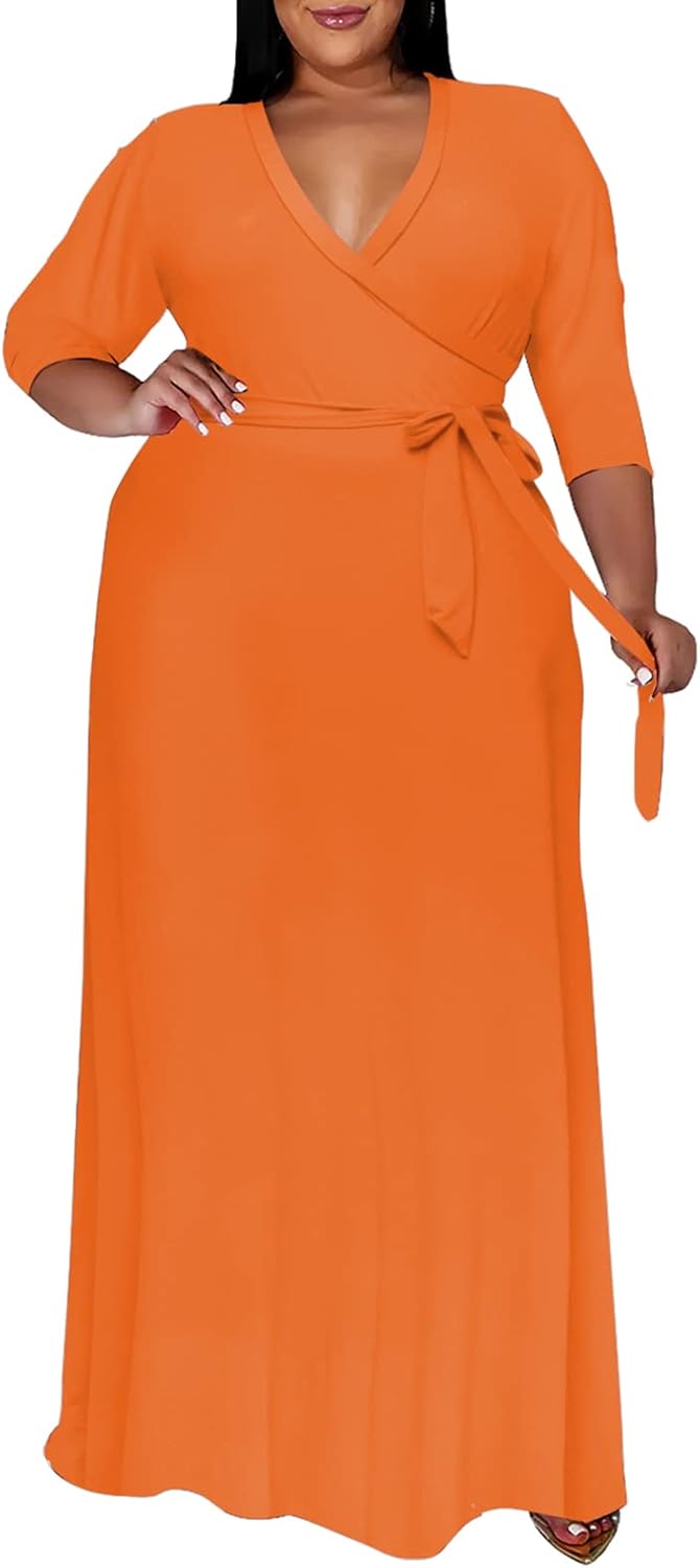 Runwind Plus Size Floral Maxi Dress for Women with Belt