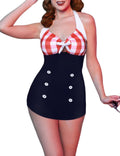 Womens Vintage Striped One Piece Swimsuit - Halter Retro Fit