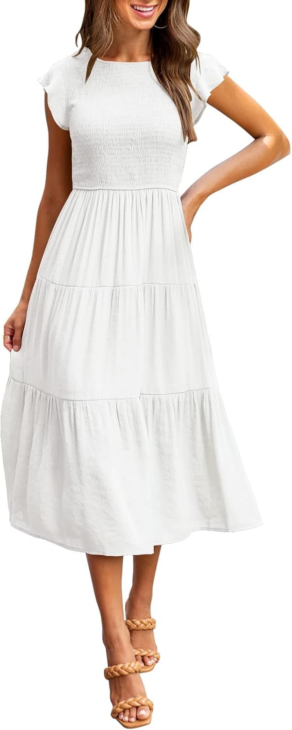 Flutter Short Sleeve Smocked Midi Dress for Summer Events