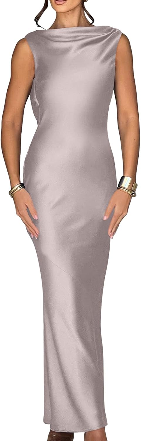 Elegant Sleeveless High Neck Tie Maxi Dress for Women