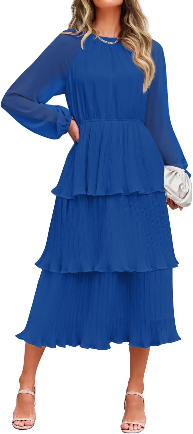 ZESICA Women's Long Sleeve Ruffle Tiered Midi Dress for Elegance