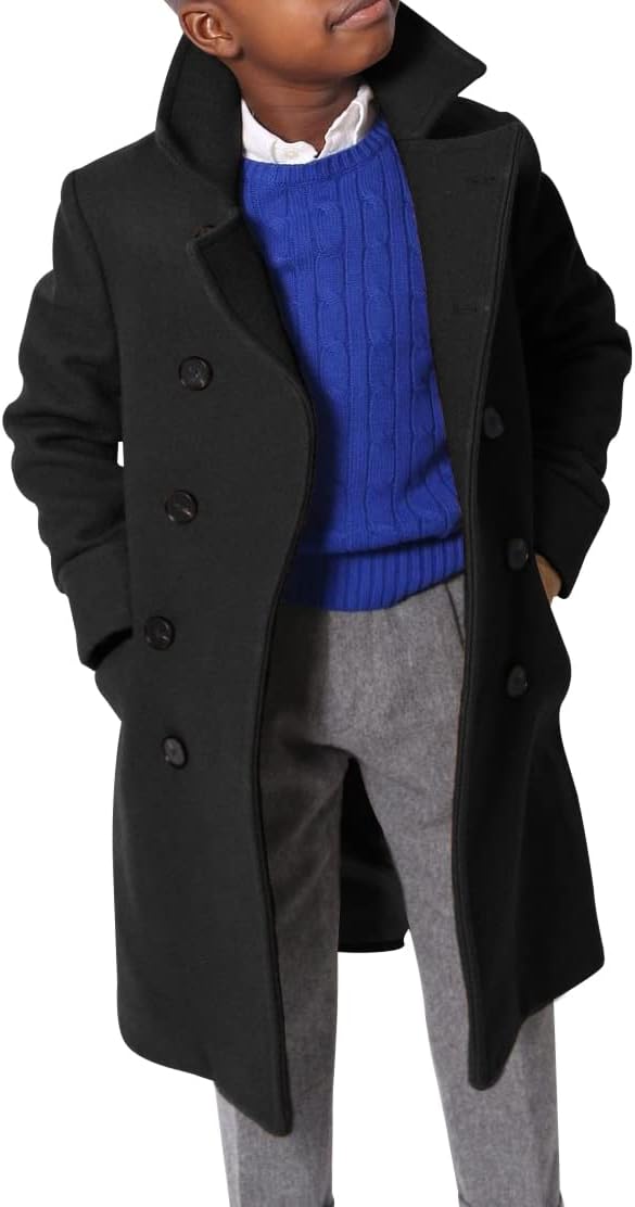 Ebifin Boys Notch Lapel Double Breasted Long Trench Coat