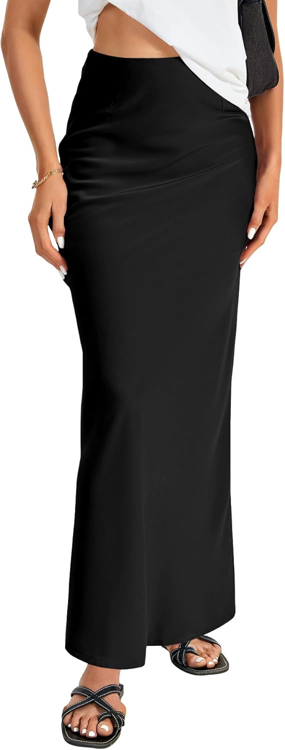 Elegant Satin High Waist A Line Maxi Skirt for Women