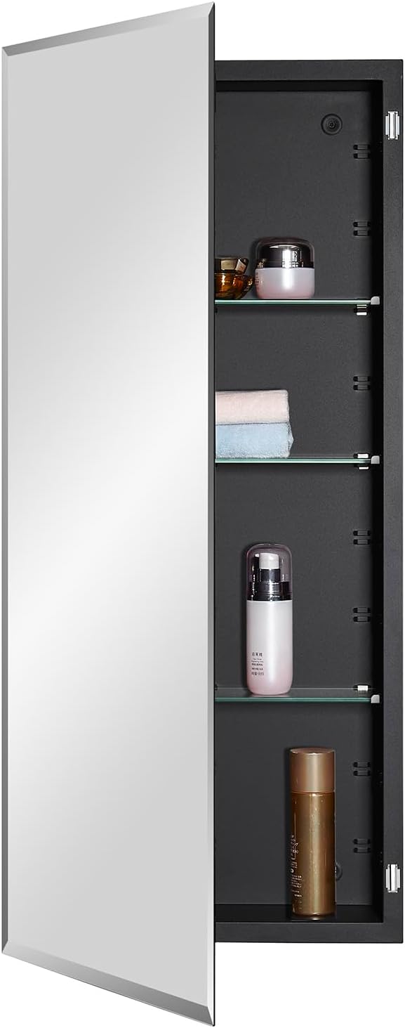 Black Bathroom Medicine Cabinet with Beveled Edge Mirror Door