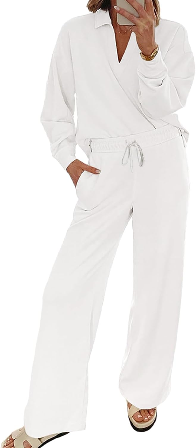 EVALESS Two Piece Sets for Women: Stylish V Neck Sweatshirt & Pants