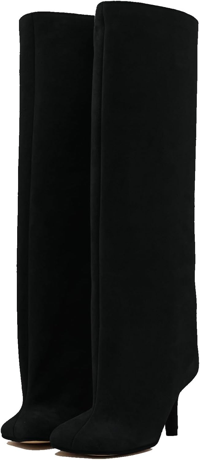 Knee High Boots Wide Calf Women Long Suede Square Toe Bootie