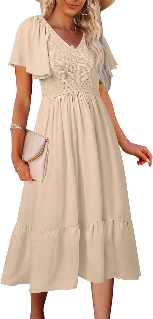 MEROKEETY Women's Summer Casual V Neck Ruffle Sleeve Dress