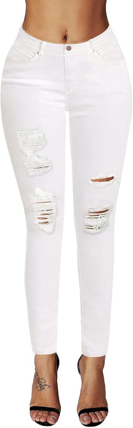 Roswear Women's Essentials Ripped Mid Rise Destroyed Skinny Jeans