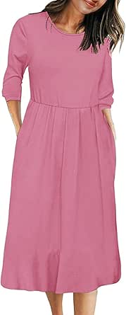 MEROKEETY Women's 3/4 Balloon Sleeve Striped Midi Dress with Pockets