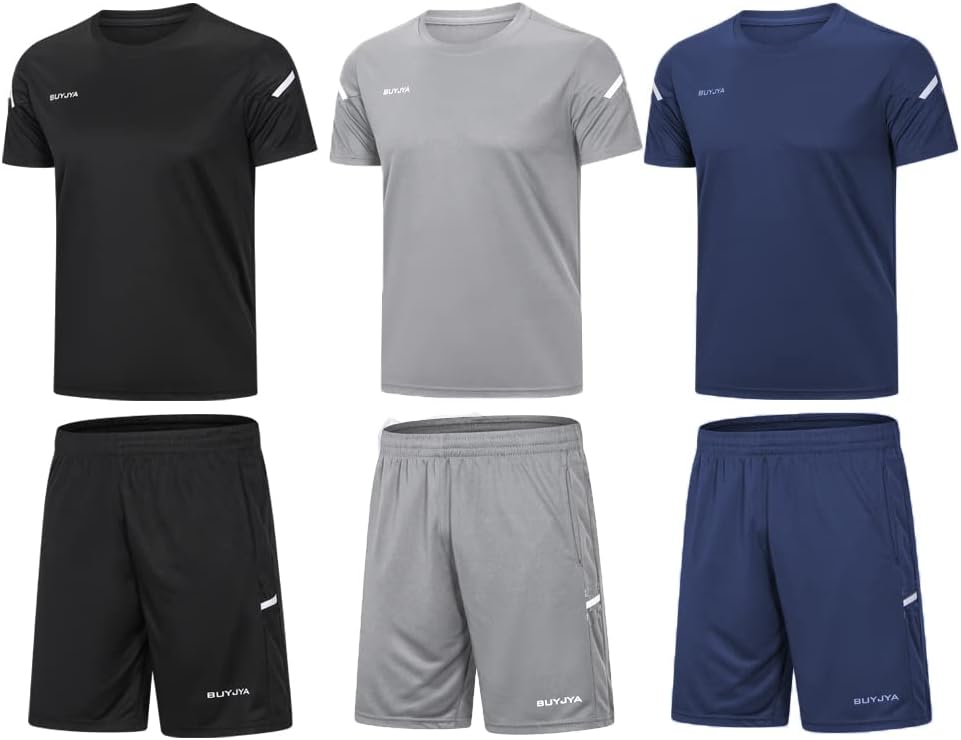 BUYJYA Men's Workout Clothes Athletic Shorts Shirt Set 3 Pack